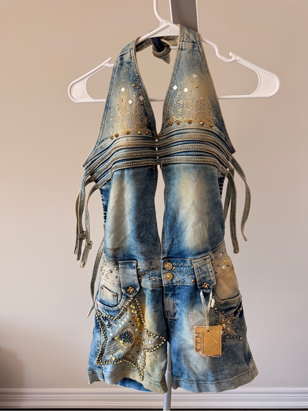 Denim Embellished Halter Romper